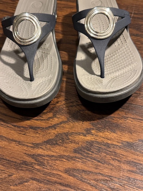 CROCS Black Thong Sandals with Silver Ring Detail - Picture 4 of 8